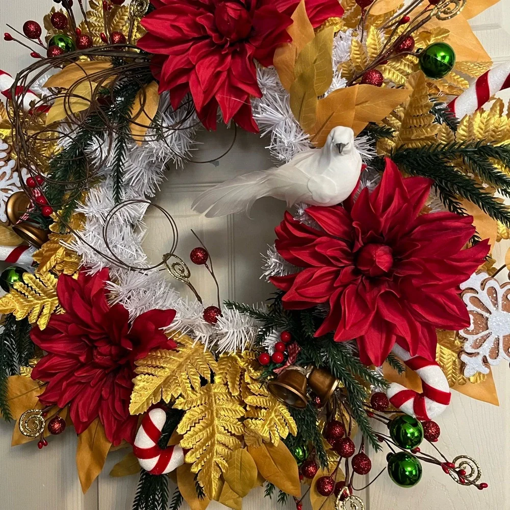 Elegant Red and Gold Holiday Wreath with White Dove